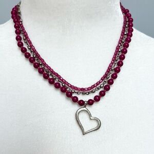🍭6/$30 Pink multistrand beaded necklace with silver tone heart charm pendant